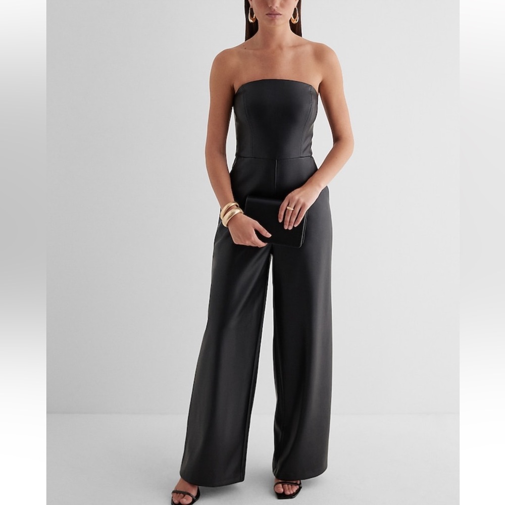 Express Faux Leather Strapless Wide Leg Black Jumpsuit w/ Pockets XSmall